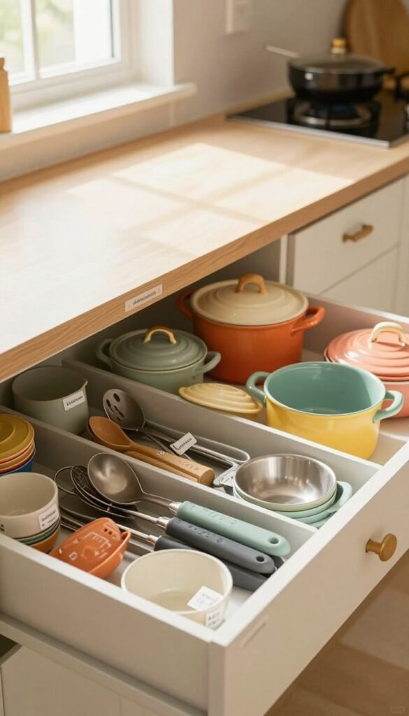 A beautifully organized kitchen drawer showcasing efficient space management for a family. In the foreground, various compartments neatly hold utensils, measuring cups, and baking tools with labels that reflect a systematized approach. In the middle, a neatly arranged cabinet displays pots and pans of different sizes, all placed in harmony with lively colors of kitchenware that exude a Pinterest-like aesthetic. The background features warm, natural lighting coming through a window, casting a cozy glow over the entire scene. The image should evoke a sense of calm and functionality, emphasizing the theme of "Ordnungskiste" in creating an organized, family-friendly kitchen environment. Authentic, inviting, and without any text.