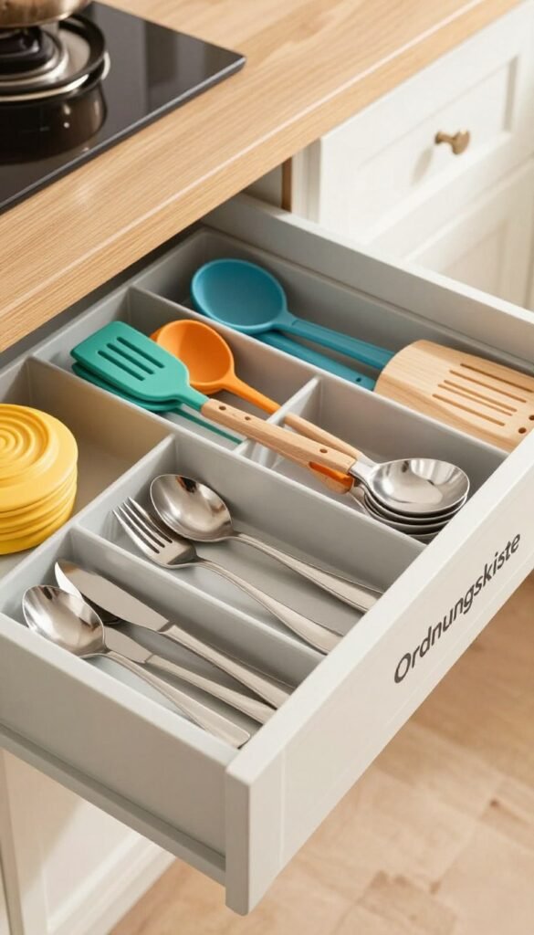 A beautifully organized kitchen drawer showcasing high-quality "Ordnungskiste" drawer inserts, dividers, and utensil organizers. In the foreground, focus on neatly arranged cutlery, with stainless steel forks, knives, and spoons placed in their designated slots. The middle ground features colorful silicone and wooden kitchen utensils, like spatulas and ladles, separated by elegant dividers. The background includes glimpses of a bright, well-structured kitchen with warm colors and soft, natural lighting, creating a cozy atmosphere. Capture the scene from a slightly elevated angle to emphasize the drawer's organization, ensuring a Pinterest-worthy aesthetic, authentic and free from text or distractions.