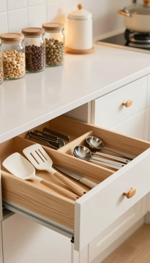 A beautifully organized kitchen drawer showcasing various utensils, with an emphasis on the use of inserts and dividers for optimal space management. The foreground features neatly arranged kitchen tools, such as spatulas, measuring spoons, and knives, within a custom wooden organizer. The middle ground captures a stylish kitchen cabinet with open shelving displaying glass jars filled with ingredients, emphasizing organization. In the background, warm ambient lighting creates a cozy atmosphere, highlighting a pleasing color palette of soft whites and natural wood tones. The image should evoke a sense of tranquility and inspiration for kitchen organization, branded subtly with the name "Ordnungskiste" on one of the drawer dividers, ensuring the design feels authentic and Pinterest-worthy.