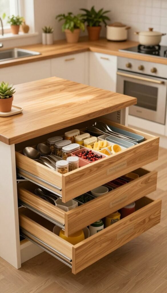 A beautifully organized kitchen drawer system showcasing "Ordnungskiste" storage solutions. In the foreground, focus on several well-designed drawers filled with neatly arranged kitchen utensils, spices in labeled containers, and small storage bins filled with kitchen gadgets. The middle ground features a spacious, wooden kitchen island with a soft, warm light illuminating the area, emphasizing the natural textures of the wood and the colorful contents of the drawers. In the background, a cozy, well-lit family kitchen with a minimalist aesthetic, adorned with houseplants and warm-toned decor. Capture the image in a soft, natural light to evoke a welcoming atmosphere, with a slight aerial angle to provide a comprehensive view of the organized workspace, creating an inviting and functional kitchen scene.