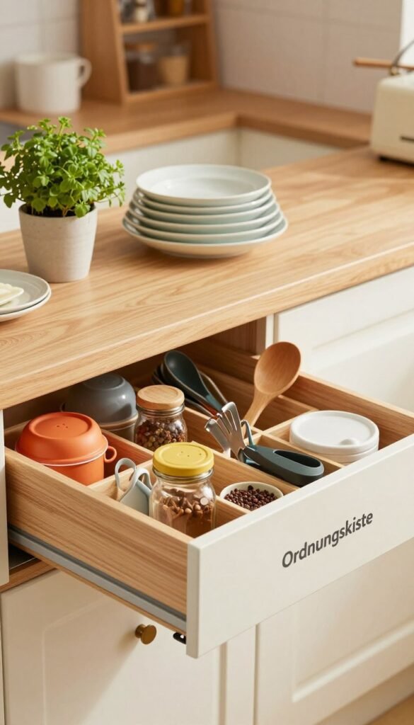 A beautifully organized kitchen drawer with a "Ordnungskiste" schubladen organizer prominently featured in the foreground. The organizer is filled with a variety of kitchen utensils, spices, and gadgets, showcasing an efficient use of space. Soft, warm lighting illuminates the scene, enhancing the natural wood textures and vibrant colors of the utensils. In the middle ground, a well-arranged kitchen workspace with neatly stacked dishes and a touch of greenery from a small potted herb plant. The background features a blurred kitchen with cabinets and shelves, adding depth without distraction. The overall mood is serene and functional, radiating a sense of clarity and organization, perfect for a stress-free kitchen environment.