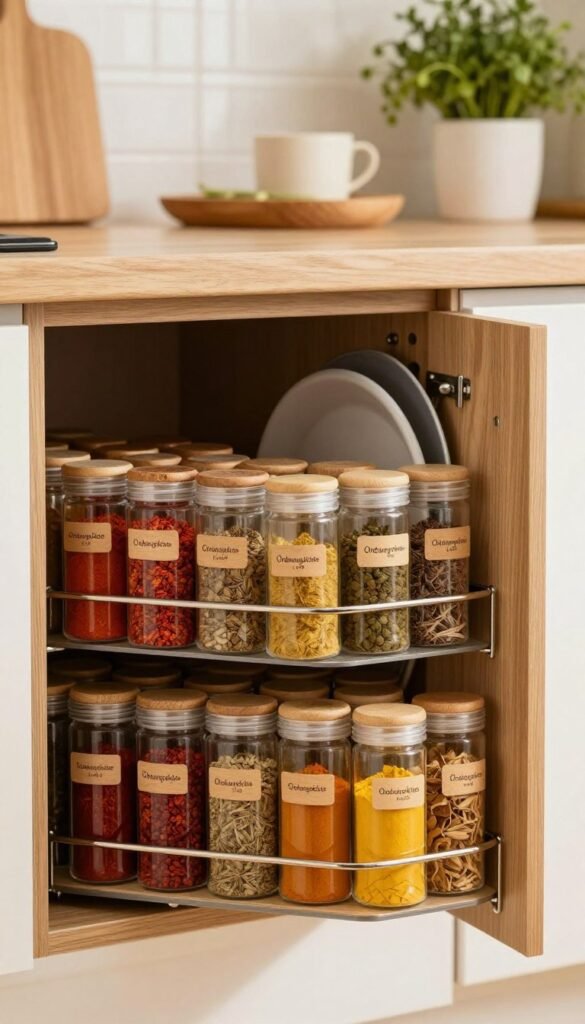 A beautifully organized kitchen featuring a "Ordnungskiste" cabinet door organizer displaying an array of colorful spices in small transparent jars with wooden labels. The foreground presents a close-up view of neatly arranged spices, revealing rich textures and vibrant colors, such as deep reds, earthy browns, and bright yellows. The middle section includes the cabinet door with a chic, natural wood finish, slightly open to showcase the spices, along with a few baking sheets elegantly leaning against the interior. In the background, a softly blurred kitchen with warm lighting highlights the cozy atmosphere, featuring minimalist decor and potted herbs on a counter. The overall mood conveys a sense of order and homeliness, reminiscent of Pinterest-worthy kitchens.