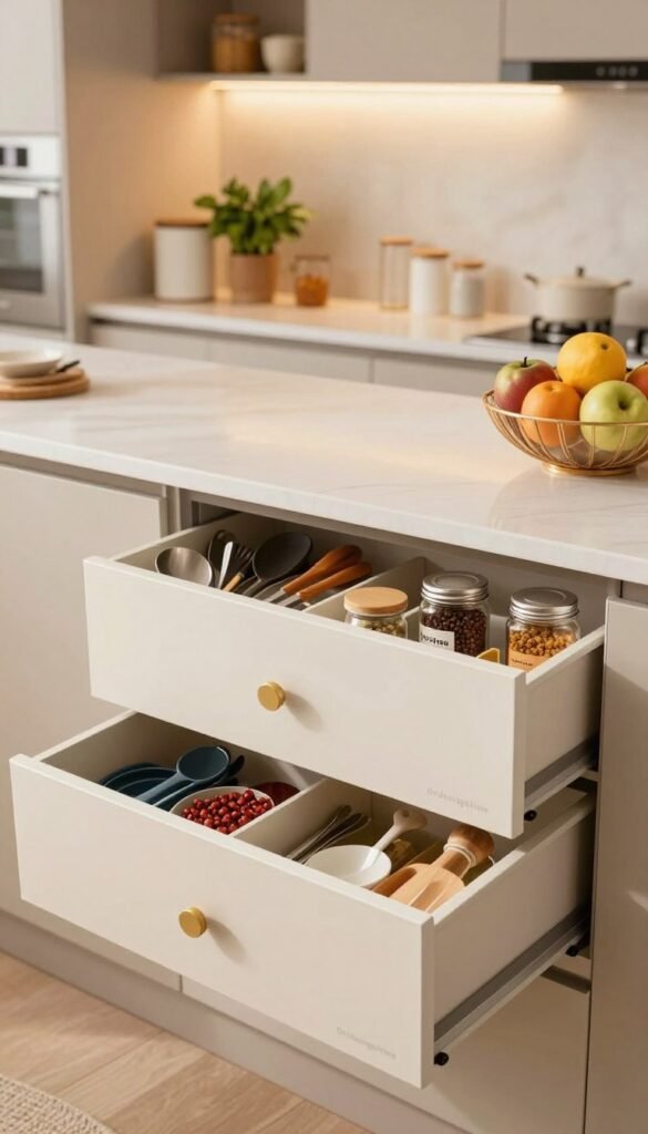 A beautifully organized kitchen featuring a modern "Ordnungskiste" storage organizer. In the foreground, show intricately arranged drawers filled with utensils, spices, and kitchen tools, all showcased in warm, inviting colors. The middle ground includes an expansive countertop with decorative containers, herbs in pots, and an elegant fruit bowl, creating a harmonious culinary space. In the background, display sleek cabinetry that complements the overall aesthetic, with soft ambient lighting illuminating the area, enhancing the cozy atmosphere. Use a soft focus lens effect to give a natural, Pinterest-inspired look, evoking feelings of warmth and functionality. The scene is devoid of text, ensuring authenticity and clarity in depicting a practical and stylish solution for shared kitchen spaces.