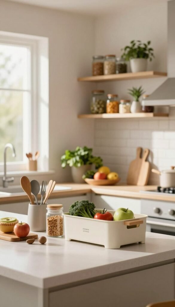 A beautifully organized kitchen featuring a modern layout, showcasing an inviting atmosphere with warm, natural colors typical of a Pinterest aesthetic. In the foreground, a tidy counter displays neatly arranged kitchen utensils, ingredients, and a stylish Ordnungskiste for storage. The middle ground presents a well-ordered open shelving unit filled with glass jars, fresh produce, and decorative plants, exuding a sense of clarity and calmness. The background reveals a bright window, letting in soft, diffused sunlight, illuminating the space and highlighting the harmonious arrangement. No human figures are included, focusing solely on the kitchen's neatness. The overall mood is one of simplicity, warmth, and efficient organization, evoking a stress-free cooking environment without any text or distractions.