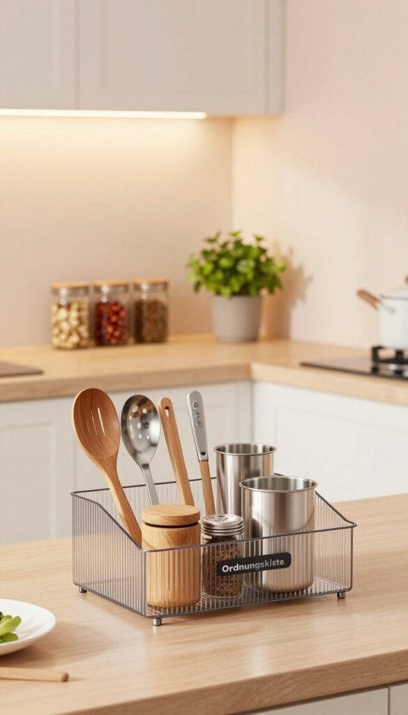 A beautifully organized kitchen featuring a modern storage solution branded "Ordnungskiste." In the foreground, neatly arranged kitchen tools and utensils in a stylish, clear organizer, showcasing a mix of wooden and stainless steel elements for a cozy feel. The middle ground highlights a tidy countertop with jars filled with spices and a small potted herb, adding a touch of greenery. In the background, soft, warm lighting illuminates the clean cabinets and walls painted in soft pastels, creating an inviting atmosphere. The kitchen exudes a Pinterest-worthy aesthetic, invoking a sense of calm and order, perfect for showcasing practical kitchen helpers in everyday use.