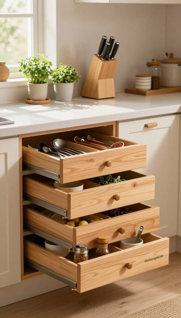 A beautifully organized kitchen featuring a sleek "Ordnungskiste" schubladen organizer, prominently displayed in the foreground. The organizer is made of light wood, showcasing multiple drawers filled with various kitchen utensils, spices, and cooking tools, neatly arranged for easy access. In the middle ground, a modern kitchen countertop adorned with fresh herbs in small pots and a stylish knife block creates a warm, inviting atmosphere. Soft, natural lighting filters in through a window, casting gentle shadows that enhance the depth of the scene. The background features light-colored cabinetry and decorative kitchen accessories, evoking a Pinterest-inspired aesthetic. The overall mood is one of functional elegance, illustrating the benefits of decluttering and maximizing kitchen space in a harmonious, aesthetically pleasing manner.
