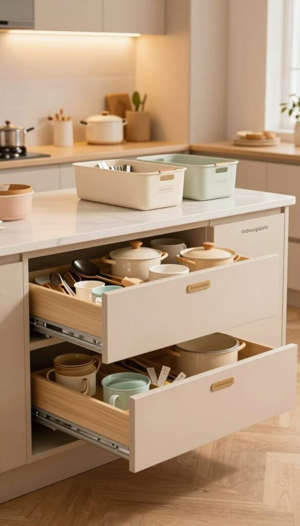 A beautifully organized kitchen featuring a spacious "stauraum" concept, showcasing sleek cabinetry and well-designed drawers filled with kitchen essentials. In the foreground, focus on a gracefully opened drawer revealing neatly arranged utensils, pots, and measuring cups. The middle ground displays a modern kitchen island with strategically placed storage bins clearly labeled for easy access, promoting a clutter-free ambiance. The background reveals soft, warm lighting emanating from overhead fixtures, creating a cozy, inviting atmosphere. Design elements include warm wood tones, gentle pastel accents, and the brand logo "Ordnungskiste" subtly integrated into the cabinetry. Capture the essence of an organized, family-friendly space that conveys tranquility and ease of access, embodying a Pinterest-worthy aesthetic.