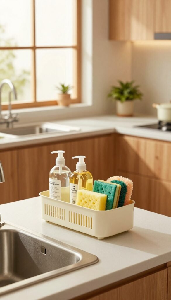 A beautifully organized kitchen featuring a stylish sp&uuml;lbecken-caddy from the brand "Ordnungskiste," positioned prominently on a clean countertop beside a modern sink. The caddy is filled with dish soap, sponges, and scrubbers, showcasing its utility. The background reveals a well-arranged kitchen space with natural wooden cabinets, a large window allowing warm, soft light to filter in, creating a cozy atmosphere. The countertop displays a small potted plant for an added touch of greenery. The scene captures a Pinterest-inspired aesthetic with warm, inviting colors, emphasizing simplicity and organization. The composition should be shot from a slightly elevated angle to highlight the caddy and countertop while maintaining a clear view of the kitchen environment. No text or branding overlays.