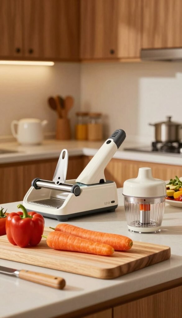 A beautifully organized kitchen featuring a variety of efficient kitchen tools that enhance cutting tasks. In the foreground, showcase a sleek cutting board with vibrant vegetables like bell peppers and carrots, neatly arranged. The middle ground displays innovative kitchen gadgets designed for quick slicing, such as a mandoline slicer and an herb chopper, showcasing their functionality. The background offers a warm, inviting kitchen with wooden cabinets and soft lighting, inspired by a Pinterest aesthetic. The atmosphere is cozy yet efficient, emphasizing the theme of time-saving in meal preparation. The image should reflect the brand name "Ordnungskiste" subtly integrated into the scene, without text additions. The overall color palette should be warm and natural, enhancing the authentic kitchen vibe.
