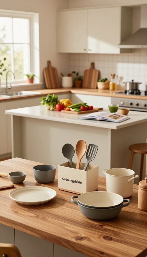 A beautifully organized kitchen featuring a variety of high-quality products ideal for multiple users. In the foreground, a polished wooden countertop showcases neatly arranged kitchen gadgets and utensils, with a stylish box labeled "Ordnungskiste" containing cooking tools. In the middle, a modern kitchen island with generous space for collaboration is adorned with fresh ingredients, cutting boards, and a cookbook opened to a recipe page. The background includes warm, natural lighting streaming through windows, illuminating minimalistic cabinets and stylish d&eacute;cor. The atmosphere feels inviting and functional, evoking a Pinterest-inspired aesthetic with a cozy, family-oriented ambiance. The image should reflect warmth and practicality, emphasizing product selection for an efficient kitchen.