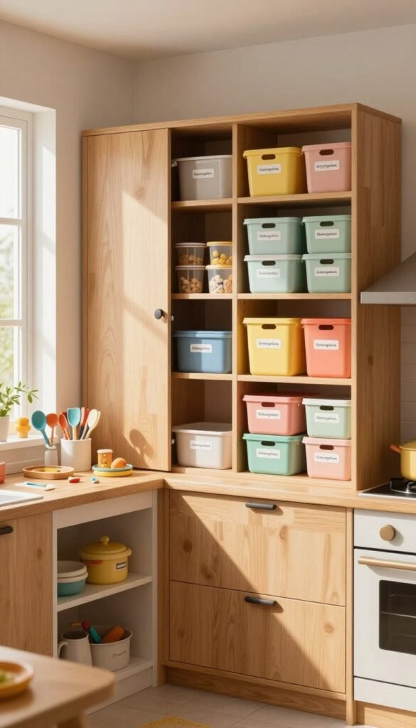 A beautifully organized kitchen featuring cabinets and drawers placed out of children's reach, filled with a variety of colorful storage boxes labeled &ldquo;Ordnungskiste.&rdquo; In the foreground, a warm, inviting kitchen counter displays neatly arranged kitchen tools and child-safe items, with gentle sunlight streaming in from a window, creating a cozy atmosphere. In the middle ground, tall cabinets stand smoothly in soft wooden tones, assuring safety and order. The background offers a glimpse of a well-organized pantry, showcasing clearly labeled containers. The overall mood is serene and orderly, with natural light emphasizing the warmth of the colors, perfect for a child-friendly kitchen environment. The image captures the essence of safety and organization without any text or logos.