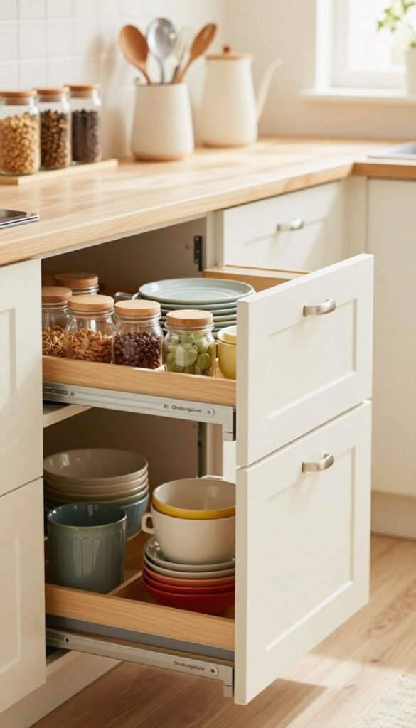 A beautifully organized kitchen featuring modern storage solutions, specifically showcasing "Ordnungskiste" cabinetry and drawers designed for maximizing space. In the foreground, there are elegant open cabinets displaying neatly arranged kitchen essentials&mdash;spices in glass jars, colorful dishware, and assorted cooking tools. The middle ground includes sleek, pull-out drawers brimming with compartments for utensils and pantry items, all highlighted in warm, inviting colors. The background shows a bright, airy kitchen with natural light filtering through a window, enhancing the cozy atmosphere. Capture this scene with a soft focus and a warm color palette, evoking a homey, Pinterest-inspired look, ensuring no text or branding is present in the image.