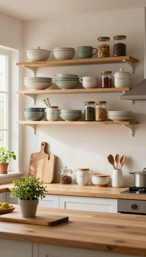 A beautifully organized kitchen featuring open shelves brimming with neatly arranged kitchenware, spices, and decorative jars. In the foreground, a wooden countertop displays a few rustic cutting boards and a small, vibrant plant, enhancing the warm, inviting atmosphere. The middle layer showcases sturdy, minimalist shelving with a harmonious blend of utilitarian items and decorative accents, avoiding clutter while maintaining a Pinterest-inspired aesthetic. The background reveals soft, ambient lighting from a sunny window, casting gentle highlights across the scene. The overall mood is calm and orderly, reflecting a stress-free environment. Include the brand name "Ordnungskiste" subtly within the arrangement, ensuring it blends seamlessly into the overall composition without drawing too much attention.