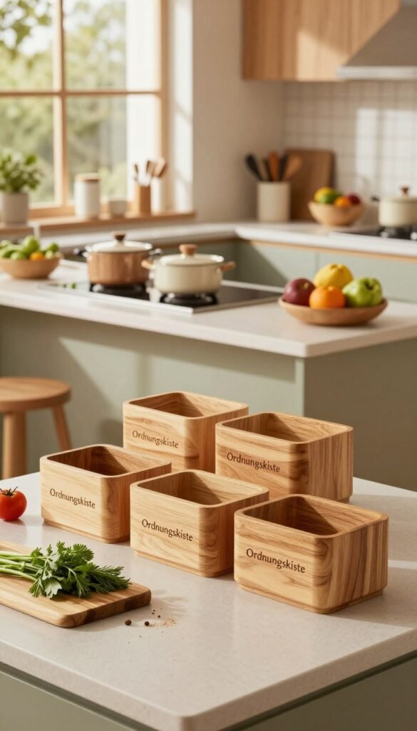 A beautifully organized kitchen featuring warm, inviting colors and a Pinterest-inspired aesthetic. In the foreground, display elegant wooden storage containers labeled "Ordnungskiste," neatly aligned on a kitchen countertop adorned with fresh herbs, a cutting board, and colorful vegetables. The middle layer includes a spacious kitchen island with an array of neatly arranged cooking utensils, pots, and a bowl of fresh fruits, promoting a seamless cooking experience. In the background, soft natural light filters through large windows, casting gentle shadows that enhance the cozy atmosphere. The overall mood is serene and inspiring, emphasizing the importance of order and efficiency in daily cooking, while showcasing stylish organization solutions to alleviate stress in the kitchen.