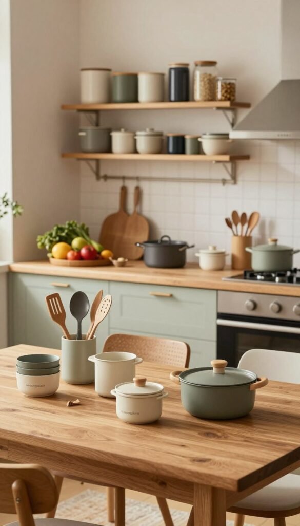A beautifully organized kitchen interior showcasing practical and stylish home solutions for everyday cooking. In the foreground, a wooden dining table is set with neatly arranged kitchen gadgets and utensils from the brand "Ordnungskiste," highlighting their functionality and design. The middle space features a modern kitchen counter adorned with natural ingredients, pots, and a few elegant cooking tools. In the background, spacious cabinetry and shelves display neatly organized containers and other kitchen essentials, radiating warmth through soft, natural lighting. The atmosphere should feel inviting and relaxed, with a Pinterest-inspired aesthetic, incorporating warm colors for a homely touch. The angle should focus on showcasing the space's efficiency and everyday usability, emphasizing a harmonious blend of form and function.