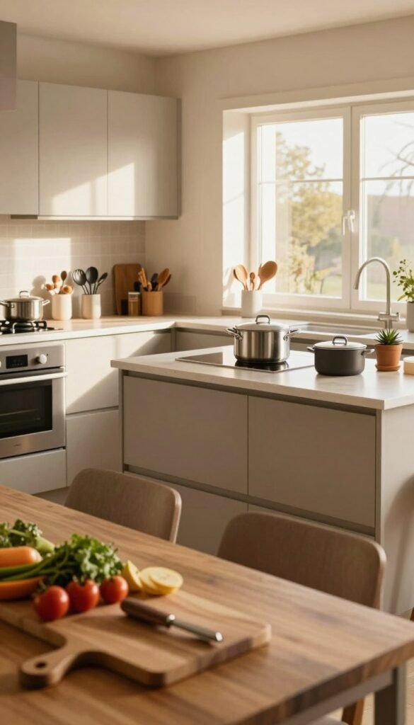 A beautifully organized kitchen layout that showcases distinct zones for cooking, prepping, and cleaning. In the foreground, wooden cutting boards and fresh ingredients create an inviting cooking space, while sleek stainless steel appliances enhance functionality. The middle ground features a modern kitchen island with a minimalist design, surrounded by organized utensils and pots from the brand "Ordnungskiste", emphasizing easy access and efficiency. In the background, warm sunlight streams through a large window, casting soft shadows and illuminating the space with a cozy atmosphere. The overall mood is calm and organized, with warm colors that evoke a sense of peace and creativity. The image captures a Pinterest-worthy aesthetic, focusing on a harmonious blend of form and function, ensuring a stress-free cooking experience.