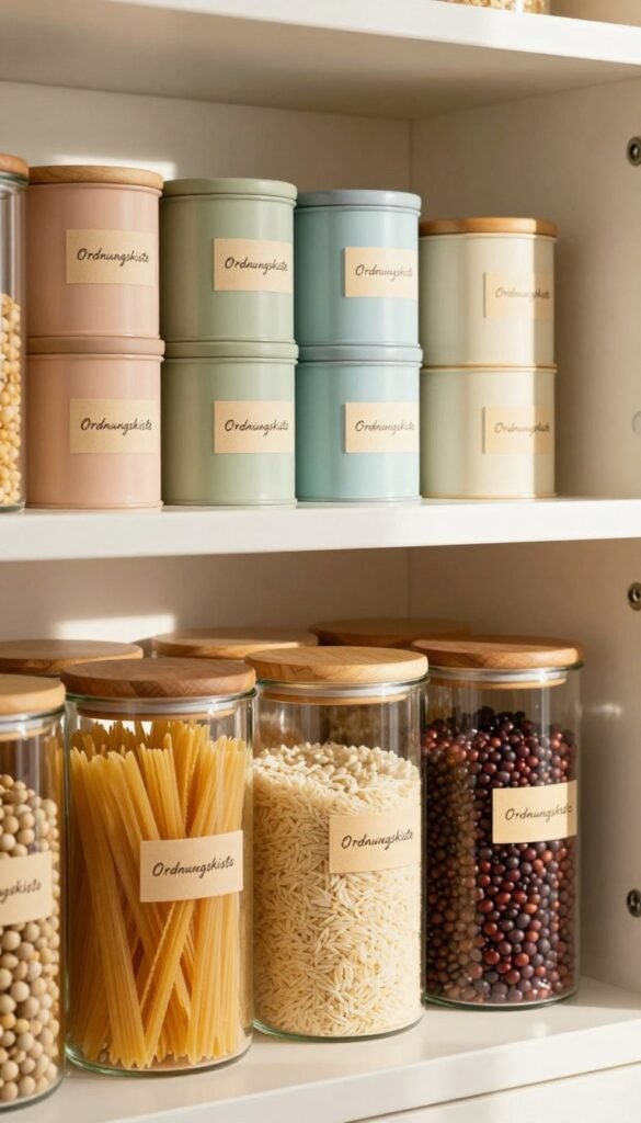 A beautifully organized kitchen pantry featuring a variety of labeled storage containers. In the foreground, several glass jars with wooden lids are filled with colorful dry goods like pasta, rice, and legumes, each with elegant, handwritten labels. The middle ground showcases neatly stacked tin cans in subtle pastel colors, all branded with "Ordnungskiste" for an authentic touch. The background features soft, warm lighting that creates a cozy and inviting atmosphere, with light streaming through a window, casting delicate shadows. The overall composition should exude a Pinterest-inspired aesthetic, emphasizing organization and smart storage solutions. No text, logos, or people should be included, ensuring a clean, professional image that reflects a functional family kitchen.