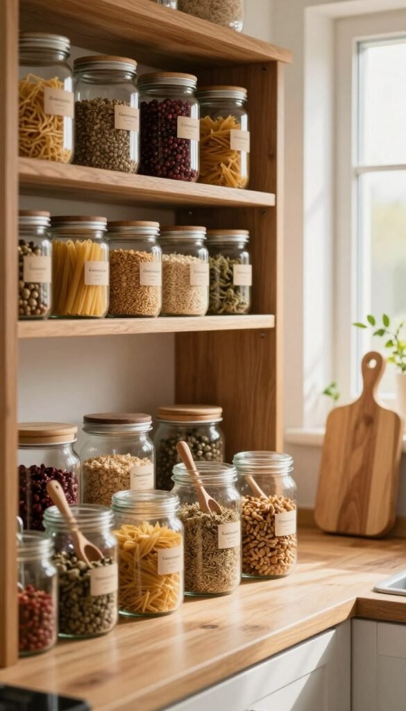 A beautifully organized kitchen pantry filled with neatly labeled jars and containers, showcasing various dried goods like pasta, grains, and spices. In the foreground, a wooden shelf holds a stylish arrangement of glass jars filled with colorful ingredients, some with natural wooden scoops. The middle ground features a cozy, rustic kitchen with natural light streaming through the window, creating a warm atmosphere. A wooden cutting board is partially visible, hinting at culinary preparation. In the background, soft greenery peeks in from the windowsill, enhancing the inviting environment. The mood is calm and inspiring, promoting a sense of order and efficiency in cooking. The brand name "Ordnungskiste" is subtly integrated into the design of one jar.