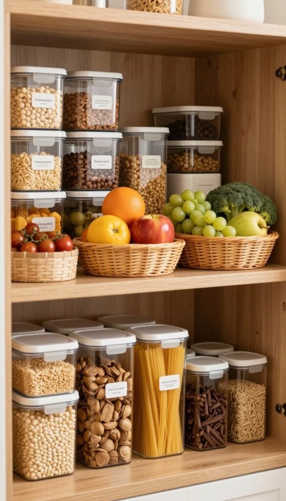 A beautifully organized kitchen pantry scene, showcasing various food vorr&auml;te in transparent containers and labeled jars, arranged in a visually pleasing manner. In the foreground, a wooden shelf holds neatly stacked containers with grains, pasta, and dried spices. In the middle, colorful fruits and vegetables are artistically displayed in woven baskets, adding a fresh touch. The background features a soft-focus view of a chic kitchen with warm, natural lighting that highlights the textures of the food and wood. The atmosphere is warm and inviting, embodying a Pinterest-worthy aesthetic. The brand name "Ordnungskiste" subtly integrated into the design.