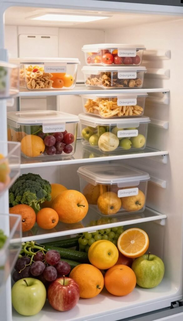 A beautifully organized kitchen refrigerator filled with fresh produce, neatly arranged condiments, and clearly labeled containers by "Ordnungskiste". In the foreground, focus on a vibrant assortment of fruits and vegetables, showcasing rich colors and textures. The middle ground displays transparent storage boxes with organized snacks and meals, all meticulously labeled, reflecting efficient use of space. The background reveals a clean and inviting kitchen setting with soft, warm lighting, creating a cozy atmosphere. The image should convey an overall sense of order and tranquility, with a Pinterest-inspired aesthetic. Capture this scene from a slight overhead angle to emphasize the organization and visual appeal, ensuring a natural look with no text or distractions.