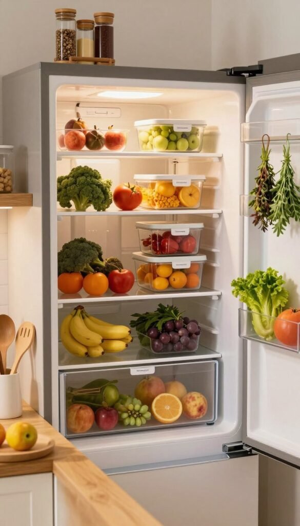 A beautifully organized kitchen refrigerator, showcasing a variety of fresh, colorful ingredients arranged in an aesthetically pleasing manner. The scene includes neatly labeled containers and vibrant fruits and vegetables, all bathed in warm, natural lighting that creates an inviting atmosphere. In the foreground, a stylish wooden countertop with some kitchen utensils complements the refrigerator, highlighting the importance of organization in meal planning. In the background, soft-focus kitchen elements like a spice rack and hanging herbs add character. The overall mood is cozy and inspiring, reflecting a Pinterest-worthy aesthetic of order and homeliness. Include the brand "Ordnungskiste" subtly integrated into the scene, avoiding any text overlays.