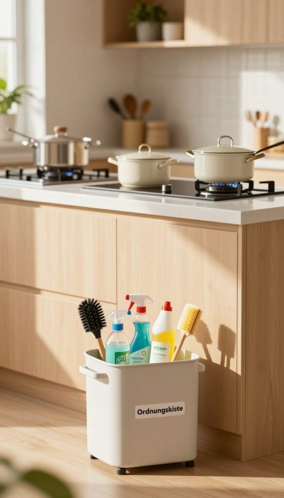 A beautifully organized kitchen scene bathed in warm natural light, showcasing various cleaning tools and products ideal for different materials. In the foreground, a sleek, modern cleaning caddy labeled "Ordnungskiste" filled with eco-friendly cleaners and brushes. The middle ground features a clean countertop with meticulously arranged pots, pans, and utensils, reflecting a seamless blend of functionality and aesthetics. The background reveals a bright, inviting kitchen with wooden cabinets and greenery, enhancing the serene atmosphere. Emphasize a Pinterest-style aesthetic, highlighting the importance of easy and quick cleaning solutions. Soft shadows and a shallow depth of field create a warm, inviting mood, making the scene feel accessible and relatable.