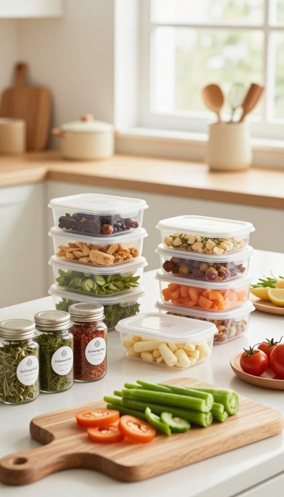 A beautifully organized kitchen scene exuding a sense of calm and stress-free cooking. In the foreground, a wooden cutting board sits with freshly chopped vegetables, surrounded by colorful jars labeled with herbs and spices from the brand "Ordnungskiste." In the middle ground, a meal prep station displays neatly stacked containers filled with pre-portioned ingredients, showcasing efficient meal planning. The background features soft natural lighting filtering through a window, illuminating a tidy countertop with pots and utensils in gentle cream and pastel hues. The atmosphere is warm and inviting, evoking a Pinterest-inspired aesthetic, emphasizing simplicity, organization, and tranquility in the kitchen. No people are present, focusing solely on the serene cooking environment.