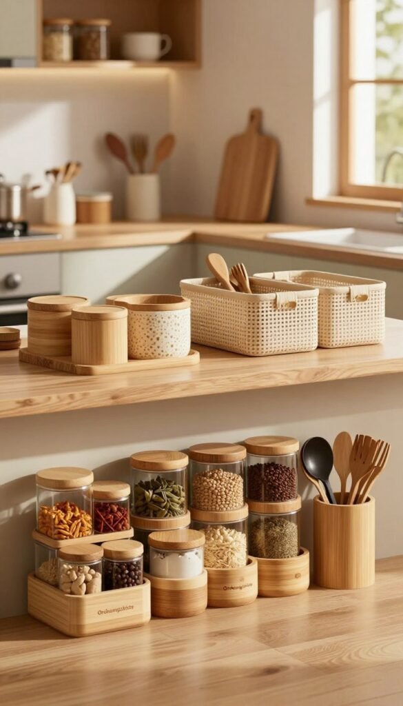 A beautifully organized kitchen scene featuring "Ordnungskiste" storage solutions in various styles and sizes, showcasing effective chaos-reducing designs. In the foreground, a range of neatly stacked containers made from natural materials like bamboo and glass, filled with spices, grains, and utensils. In the middle, a well-arranged countertop with stylish and functional storage baskets, highlighting an inviting and tidy atmosphere. In the background, a softly lit kitchen with warm, earthy tones, emphasizing homeliness and tranquility. The scene captures a Pinterest-worthy aesthetic, conveying the mood of serenity and order in cooking spaces. Natural light filters in through a nearby window, casting gentle shadows and enhancing the warmth of the setting. Authentic, stylish, and free of any text elements.