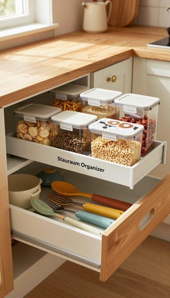 A beautifully organized kitchen scene featuring a "Stauraum Organizer" designed for drawers, pantry, and countertop, showcasing the brand "Ordnungskiste". In the foreground, highlight an open drawer filled with neatly arranged utensils, cutlery, and small kitchen tools using warm colors. The middle ground features a stylish pantry with transparent containers filled with grains, spices, and snacks, all labeled for easy access. The background should depict a cozy, inviting kitchen atmosphere with wooden cabinets and soft, natural lighting filtering through a nearby window. The overall mood is warm and homely, emphasizing efficiency and aesthetic charm in family kitchen organization.