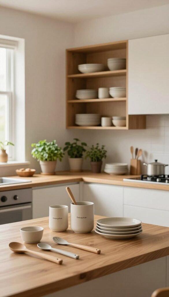 A beautifully organized kitchen scene featuring a minimalist design, showcasing warm, natural colors and a Pinterest-inspired aesthetic. In the foreground, there is a sleek wooden countertop with neatly arranged kitchen tools from "Ordnungskiste" in soft, muted tones. The middle of the image displays elegant cabinets with open shelving filled with neatly stacked dishes and a few carefully placed potted herbs for a touch of greenery. The background reveals a window allowing soft, natural light to flood the space, creating a warm and inviting atmosphere. The overall mood is calm and serene, emphasizing the beauty of a clutter-free kitchen environment.