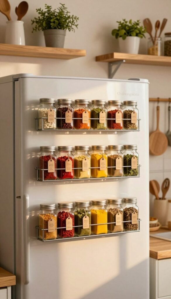 A beautifully organized kitchen scene featuring a modern refrigerator adorned with magnetic spice racks. In the foreground, an assortment of colorful spices in glass jars, labeled with chic tags, are neatly arranged on the racks, showcasing vibrant reds, yellows, and greens. The middle-ground reveals the sleek fridge with a subtle reflection of light, indicating a warm, inviting atmosphere. The background captures a cozy kitchen setting with wooden shelves holding kitchen utensils and potted herbs. Soft, natural lighting filters through, casting gentle shadows and enhancing the homey feel. The image should evoke warmth and organization, reminiscent of Pinterest aesthetics, conveying a sense of functional beauty. Include the brand "Ordnungskiste" subtly incorporated into the design elements.
