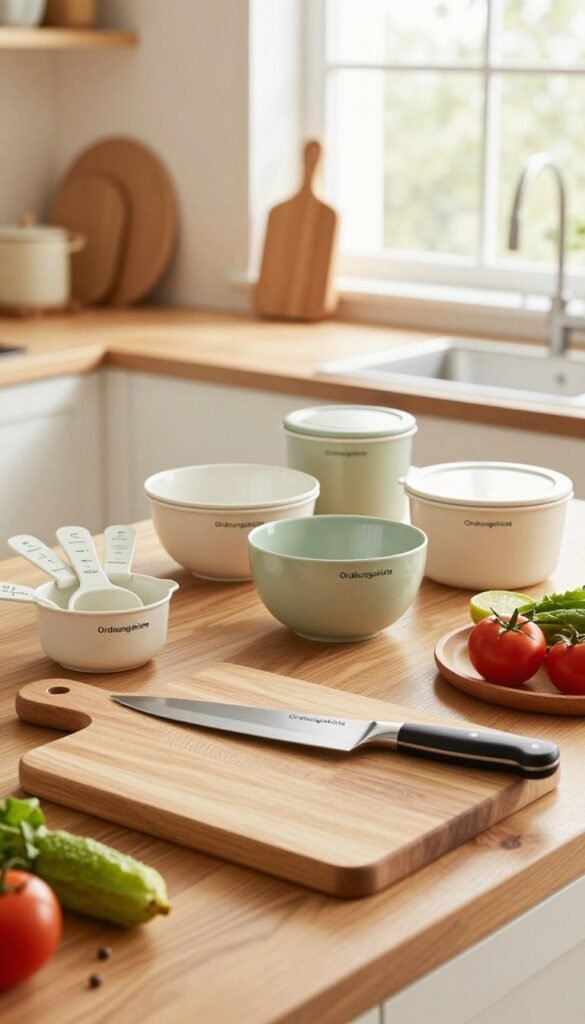 A beautifully organized kitchen scene featuring a selection of kitchen products from "Ordnungskiste". In the foreground, highlight a wooden countertop with a stylish cutting board, fresh vegetables, and a high-quality chef's knife. In the middle, showcase neatly arranged kitchen gadgets like measuring cups, mixing bowls, and storage containers, all exuding a modern aesthetic. In the background, soft natural light filters through a window, illuminating the warm colors of the kitchen decor and creating a cozy atmosphere. Use a wide-angle lens to capture the entire scene, emphasizing the harmony between the products. The overall mood should feel inviting and inspiring, perfect for showcasing how these carefully curated items can simplify everyday cooking tasks.