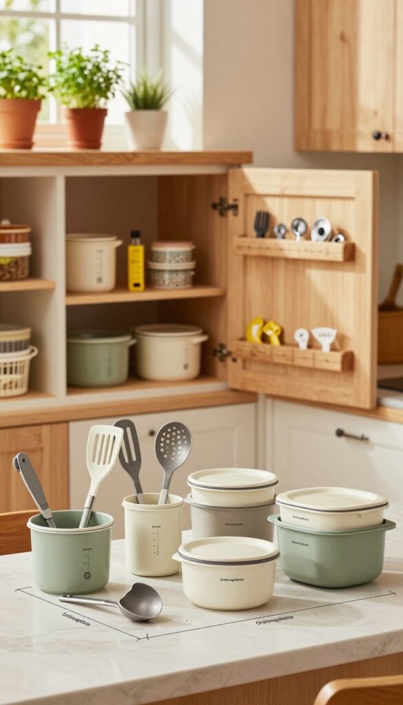 A beautifully organized kitchen scene featuring a selection of kitchen products that exemplify optimal size and dimensions for functionality. In the foreground, there are neatly arranged kitchen tools, containers, and utensils from the brand "Ordnungskiste," showcasing their dimensions clearly. The middle ground includes an open cabinet displaying measuring tools and storage solutions, emphasizing practicality and efficient use of space. The background reveals a warm, inviting kitchen with soft lighting that creates a cozy atmosphere, highlighting wooden cabinets and vibrant potted herbs on the windowsill. The image captures a Pinterest aesthetic with natural colors, enhancing the appeal of an organized kitchen space. Focus on a balanced composition without any text, ensuring clarity and authenticity.