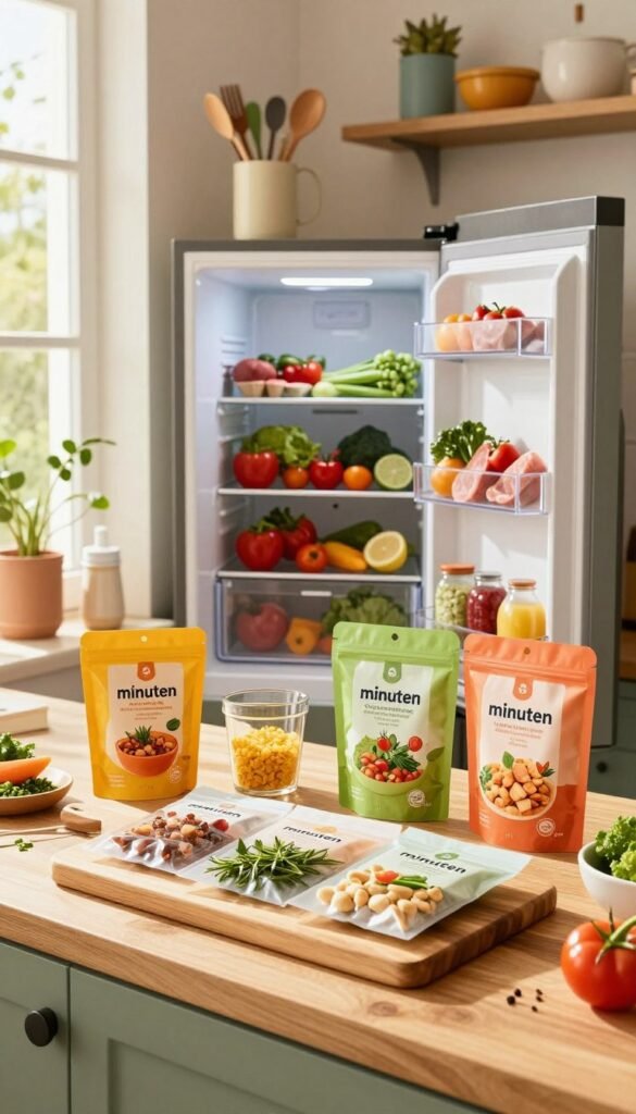 A beautifully organized kitchen scene featuring a vibrant array of "minuten," showcasing ready-to-cook meal kits from the brand "Ordnungskiste." In the foreground, a stylish wooden cutting board is elegantly displayed with neatly packaged meal ingredients and fresh herbs. The middle section features an open refrigerator, stocked with colorful, prepped veggies and proteins, radiating a sense of convenience and readiness. Natural sunlight streams through a nearby window, creating a warm, inviting glow that enhances the cozy atmosphere. The background reveals shelves filled with functional kitchen tools and cheerful accents, embodying a Pinterest-worthy aesthetic. The image should be rich in warm colors, exuding an approachable, family-friendly vibe suitable for busy home cooks.