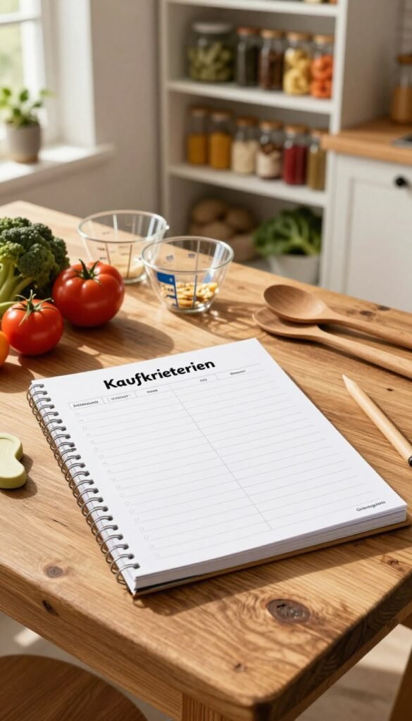 A beautifully organized kitchen scene featuring a weekly meal planner on a rustic wooden table, surrounded by fresh produce, measuring cups, and stylish kitchen utensils. In the foreground, a large notepad titled "Kaufkriterien" is prominently displayed, showcasing neatly written bullet points for selecting kitchen products. The background features a well-organized pantry stocked with various ingredients and colorful spices, evoking a warm and inviting atmosphere. Soft, natural light streams in through a window, casting gentle shadows and highlighting the rich textures of the wooden surfaces. The overall mood is cozy and inspiring, emphasizing the efficiency of planning meals. Incorporate warm colors and a Pinterest-inspired aesthetic. Include the brand name "Ordnungskiste" in the image, subtly hidden within the kitchen decor.