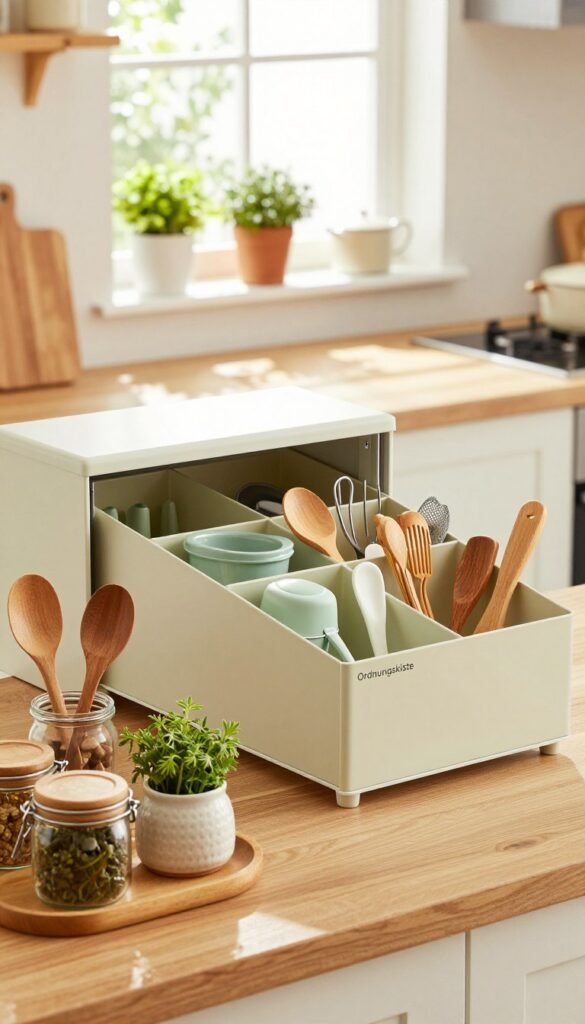 A beautifully organized kitchen scene featuring an "Ordnungskiste" kitchen organizer. In the foreground, a wooden countertop displays neatly arranged utensils, kitchen gadgets, and herbs in stylish jars. The middle layer highlights an open, modern kitchen organizer, showcasing sections for various cooking tools and utensils, all color-coordinated for an appealing look. The background features a sunlit kitchen with warm, inviting colors, complemented by greenery in pots on the windowsill. Soft, natural light floods the room, creating a cozy atmosphere. The composition should maintain a Pinterest-inspired aesthetic, emphasizing simplicity and functionality, while highlighting the effectiveness of kitchen organization systems. The overall mood is welcoming and inspiring, perfect for illustrating practical storage solutions.
