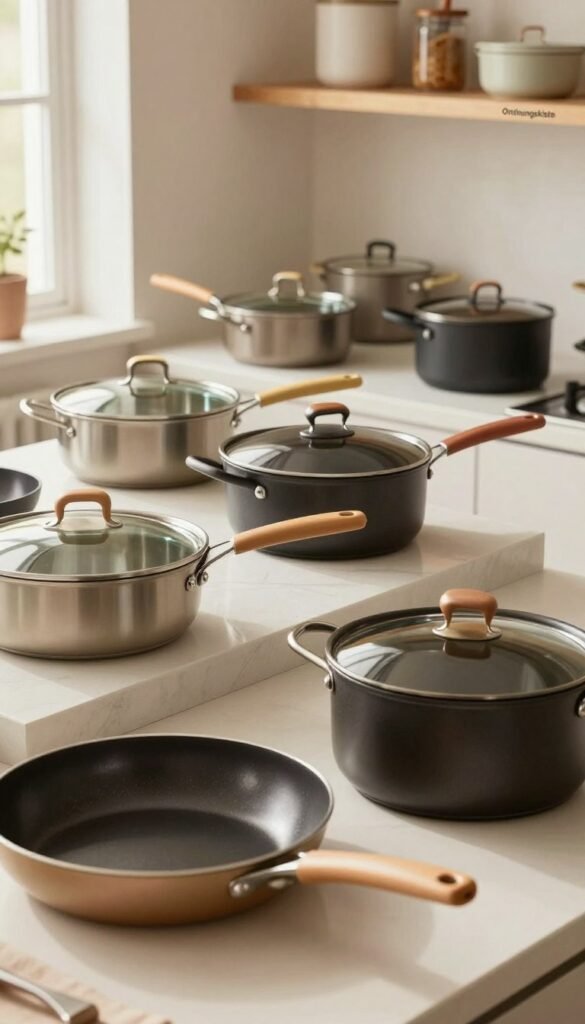 A beautifully organized kitchen scene featuring an array of stylish 'pfannen' (pans) in various shapes and sizes, all neatly arranged with their lids and matching cookware. In the foreground, highlight a sleek frying pan and a spacious stockpot, both with polished surfaces reflecting soft, ambient lighting. The middle ground showcases an elegant display of deeper saucepans with vibrant handles, arranged harmoniously in a modern kitchen setting. In the background, a tasteful wooden shelf adorned with the brand "Ordnungskiste" subtly emphasizes the theme of order and efficiency. The atmosphere should feel warm and inviting, with natural light filtering in through a nearby window, creating a Pinterest-inspired aesthetic that embodies authenticity and simplicity. No text or branding visible in the image.