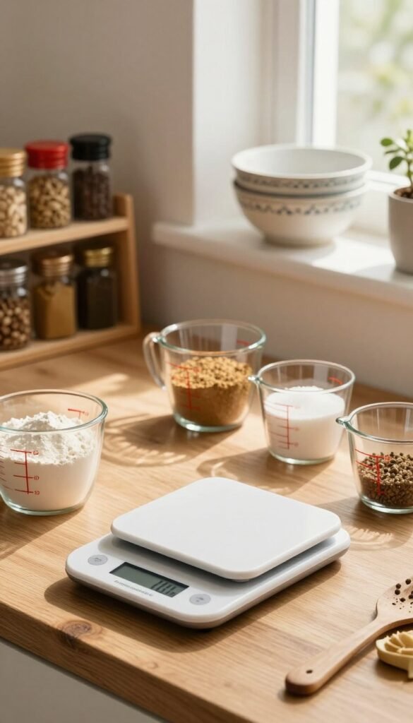 A beautifully organized kitchen scene featuring essential kitchen utensils, particularly a digital kitchen scale and measuring cups, showcased in an inviting, warm color palette. In the foreground, the kitchen scale is placed on a rustic wooden countertop, surrounded by clear glass measuring cups filled with various ingredients like flour, sugar, and spices, emphasizing precision and ease in cooking. In the middle ground, a well-stocked spice rack and decorative bowls enhance the atmosphere of a practical kitchen space. Soft, natural lighting streams through a nearby window, creating gentle highlights and shadows, while a cozy ambiance invites the viewer in. The brand name "Ordnungskiste" is subtly included within the layout of the kitchen utensils, reflecting authenticity and a Pinterest-inspired aesthetic, without any text overlays or watermarks.