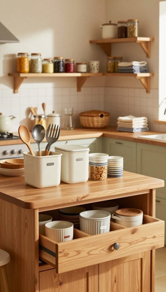 A beautifully organized kitchen scene featuring innovative storage solutions from the brand "Ordnungskiste." In the foreground, showcase a stylish wooden island topped with neatly arranged storage containers and a variety of kitchen utensils, emphasizing the concept of efficient use of space. The middle ground should feature open shelves displaying colorful jars and neatly folded dish towels, exuding warmth and inviting charm. In the background, a classic painted kitchen with soft, warm lighting enhances the cozy atmosphere, complemented by natural textures like wood and metal accents. The overall mood is functional yet aesthetically pleasing, reminiscent of Pinterest inspirations, with a warm color palette to evoke a sense of comfort and order.