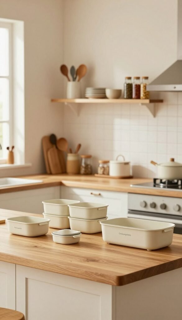A beautifully organized kitchen scene featuring practical and space-saving kitchen helpers, prominently showcasing products from the brand "Ordnungskiste". In the foreground, a stylish wooden countertop filled with innovative kitchen tools designed to minimize space loss, like stackable containers, multi-functional gadgets, and wall-mounted organizers. The middle layer presents an inviting kitchen environment with soft, warm lighting, highlighting white cabinetry and an open shelf displaying neatly arranged utensils and spices. In the background, a serene window illuminates the space with natural light, creating a cozy and efficient atmosphere. The overall aesthetic is natural, with Pinterest-like inspiration, focusing on authenticity and a harmonious blend of functionality and style, while emphasizing a clutter-free kitchen.