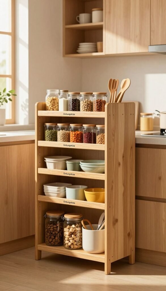 A beautifully organized kitchen scene featuring the "Ordnungskiste" regale einsatz schrank, showcasing stackable mini-shelves for optimal storage. In the foreground, highlight the sleek wooden shelves filled with various kitchen essentials like jars, spices, and utensils, arranged neatly to emphasize functionality. The middle ground captures a modern kitchen with soft, warm lighting, highlighting the textures of the shelves and the vibrant colors of the items stored within. The background hints at an inviting, open-plan kitchen with natural wooden cabinets and a cozy atmosphere, enhanced by soft sunlight filtering through a window. The overall mood is warm and inviting, promoting the idea of efficient storage solutions in small spaces, all without any text or distractions in the image.