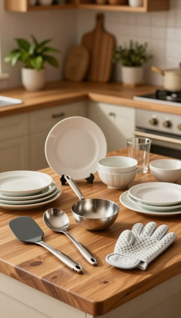 A beautifully organized kitchen scene featuring various heat-resistant kitchen tools from the brand "Ordnungskiste." In the foreground, display stylish utensils such as silicone spatulas, stainless steel ladles, and heat-resistant gloves, all elegantly arranged on a polished wooden countertop. In the middle, showcase plates and bowls made of different materials like ceramic and glass, highlighting their interactions with the utensils. The background should include a warm, softly-lit kitchen space, with natural wood cabinets and green plants, creating an inviting atmosphere. Use warm, natural lighting to enhance the cozy feel of the scene, emphasizing textures and colors. The overall mood should evoke homey comfort and practicality, perfect for everyday cooking.
