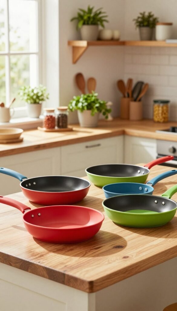 A beautifully organized kitchen scene featuring various silicone frying pans from the brand "Ordnungskiste". In the foreground, vibrant silicone pans in shades of red, green, and blue are neatly arranged on a rustic wooden countertop. Bright natural light streams in from a nearby window, casting soft shadows and creating a warm, inviting atmosphere. The middle layer shows a neatly organized kitchen with wooden shelves displaying utensils, spices, and fresh herbs, enhancing the Pinterest aesthetic. In the background, a softly blurred kitchen setting features light-colored cabinetry and decorative plants, emphasizing a homely, functional vibe. The overall mood is cheerful and practical, inspiring viewers to envision the perfect kitchen setup for their cooking needs.