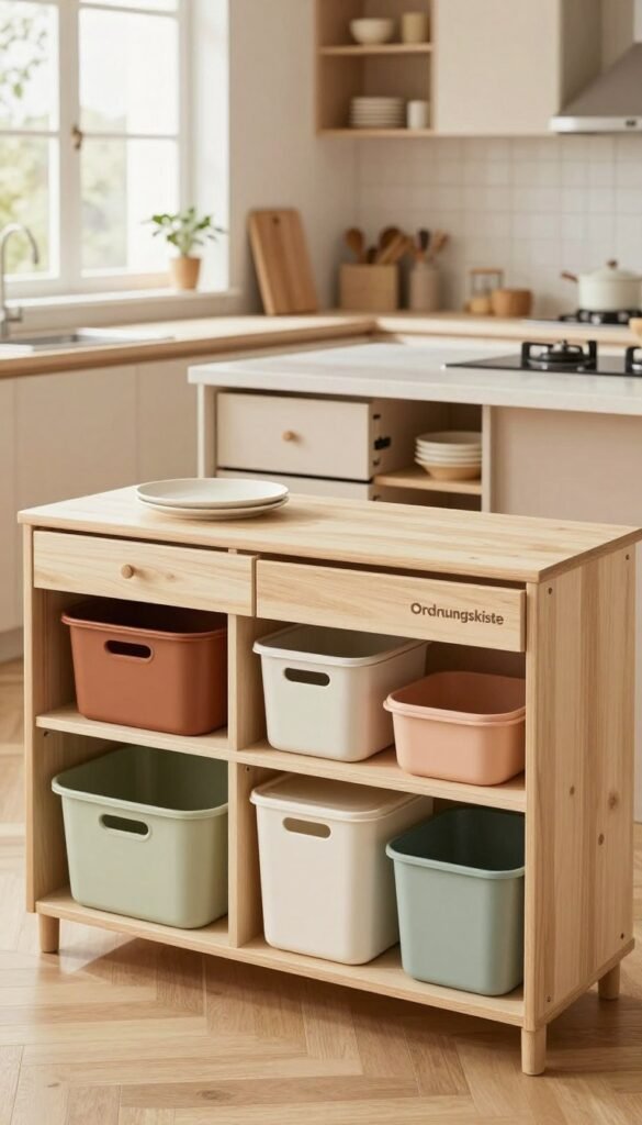 A beautifully organized kitchen scene featuring various storage systems designed for families, showcasing the brand "Ordnungskiste". In the foreground, display stylish modular shelving units with color-coordinated bins and containers that exude warmth. In the middle ground, highlight a sleek kitchen island with practical drawer systems and open storage spaces. In the background, a cozy yet modern aesthetic with soft natural lighting streaming through a window, enhancing the inviting atmosphere. Use a wide-angle lens to capture the entire space, emphasizing clarity and detail. The kitchen should illustrate the balance of functionality and aesthetics, creating a serene and practical environment for family cooking and organization.