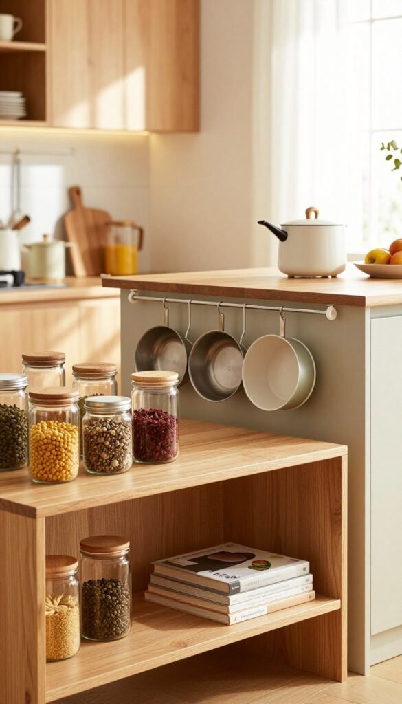A beautifully organized kitchen scene focused on maximizing space without renovation. In the foreground, stylish wooden shelves display elegant glass jars and colorful spices alongside sleek utensils and cookbooks stacked neatly. The middle features a modern kitchen island with practical storage solutions like hanging pots and pans, along with kitchen gadgets from "Ordnungskiste", all appearing easily accessible. In the background, warm light filters through a window, creating a cozy atmosphere with soft shadows. The overall color palette consists of warm tones, enhanced by natural textures like wood and metal. The scene radiates a harmonious, Pinterest-inspired aesthetic, emphasizing functionality and elegance in kitchen organization.