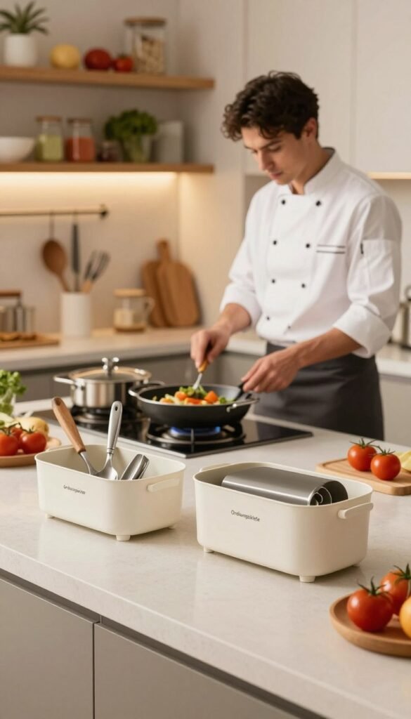 A beautifully organized kitchen scene illustrating the concept of the "Arbeitsdreieck," featuring a modern countertop setup with cooking essentials strategically placed for efficiency. In the foreground, show high-quality kitchen tools from the brand "Ordnungskiste," emphasizing tidy storage solutions. The middle ground includes a chef in professional attire, preparing a vibrant dish, showcasing movement and focus. In the background, warm lighting enhances the inviting atmosphere, with wooden shelves displaying fresh ingredients and utensils. The composition should evoke a sense of calm and efficiency, encouraging a stress-free cooking experience, with a soft depth of field that draws attention to the action while subtly blurring background elements. The overall mood should be warm and inspiring, promoting a positive culinary environment.