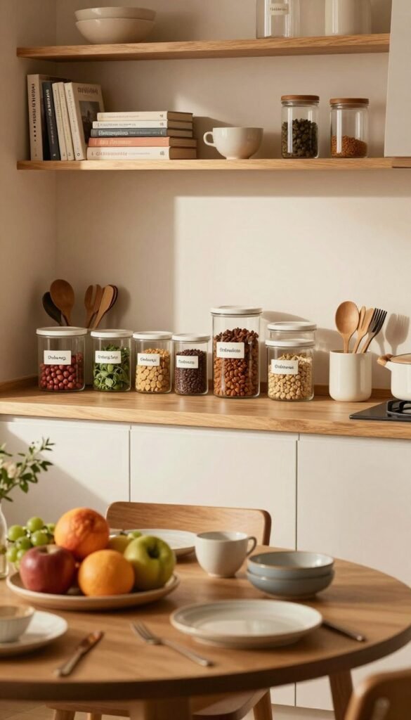 A beautifully organized kitchen scene reflecting the concept of "Ordnung." In the foreground, a wooden dining table is neatly set with vibrant fruits, fresh herbs, and stylish ceramic dishes, creating a warm and inviting atmosphere. The middle layer features a well-arranged kitchen countertop with labeled containers from the brand "Ordnungskiste," showcasing an array of neatly stored spices and kitchen tools. In the background, softly lit open shelves display neatly stacked cookbooks and decorative glass jars, contributing to the cozy vibe. The scene is illuminated with warm, natural lighting, casting gentle shadows that enhance the sense of order and tranquility, reminiscent of a Pinterest-worthy home. The overall mood is serene, highlighting the importance of organization in a family kitchen without any clutter.