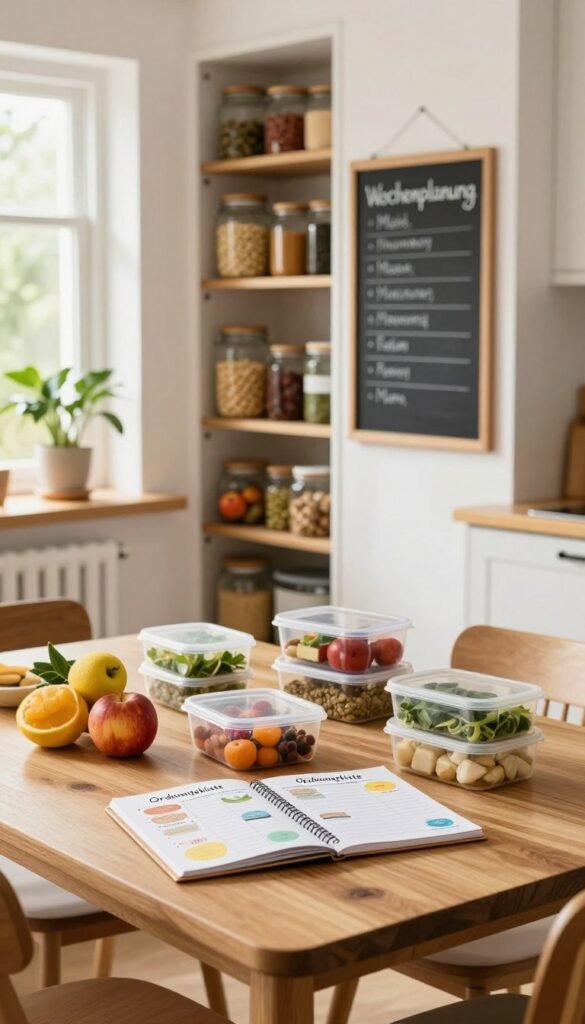 A beautifully organized kitchen scene reflecting the concept of "Wochenplanung" with warm, natural colors, inspired by a Pinterest aesthetic. In the foreground, a wooden dining table is neatly arranged with meal prep containers, fresh fruits, and a notepad with colorful weekly planning ideas, labeled "Ordnungskiste." In the middle, a well-stocked pantry is visible, featuring glass jars filled with grains and spices, and a chalkboard with a flexible meal plan. The background showcases a bright kitchen with natural light streaming through a window, highlighting green plants on the windowsill. The mood is inviting and relaxed, emphasizing efficiency without striving for perfection. The atmosphere conveys a sense of harmony and practicality in family meal planning.