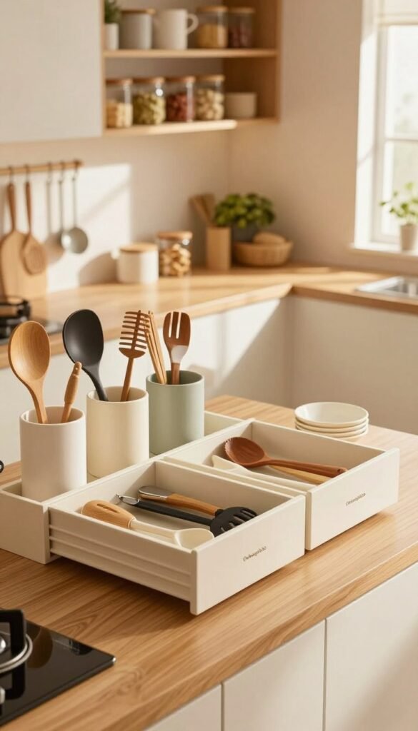 A beautifully organized kitchen scene showcasing “Ordnungskiste” storage solutions. In the foreground, there is a sleek wooden countertop with various kitchen utensils neatly arranged in stylish holders and on wall-mounted hook strips. In the middle, feature a set of elegant drawer inserts containing different tools, perfectly aligned for easy access. The background reveals a softly lit kitchen with warm colors, featuring open shelves holding neatly stacked jars and ingredients. The lighting is warm and inviting, emulating a cozy atmosphere, with natural sunlight streaming through a window. Capture this image from a slightly elevated angle to emphasize the orderliness and aesthetic appeal, creating a Pinterest-worthy look while ensuring a clean and clutter-free environment, free of any text or distractions.