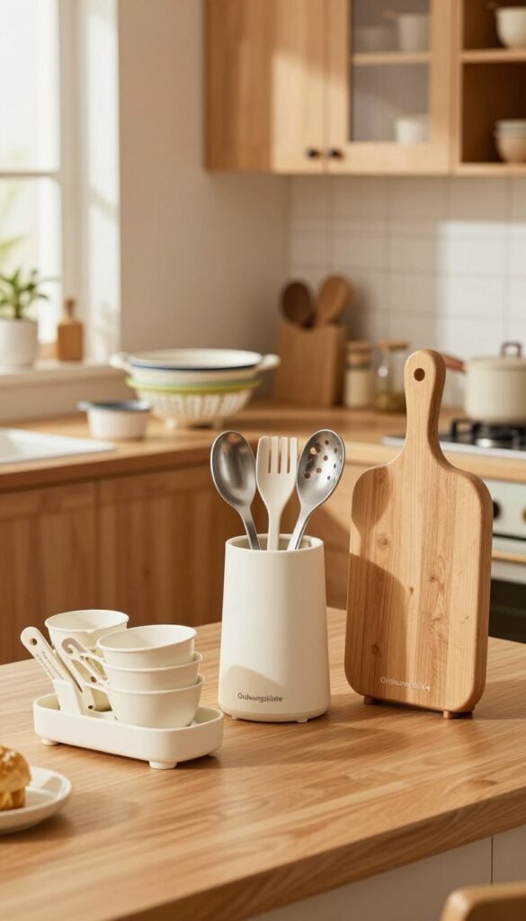 A beautifully organized kitchen scene, showcasing a selection of multifunctional kitchen helper sets from the brand "Ordnungskiste". In the foreground, display a compact, cleverly designed tool set, such as nesting measuring cups, a space-saving utensil holder, and an elegant chopping board. The middle ground features neatly arranged cooking gadgets like a collapsible colander and stackable storage containers, all in warm, inviting colors. The background displays a cozy kitchen with natural wood cabinetry and soft, ambient lighting filtering in through a window, creating a homey atmosphere. The overall mood is warm and inviting, emphasizing practicality and space efficiency, with a Pinterest-inspired aesthetic, ensuring an authentic look without any text or logos in the image.